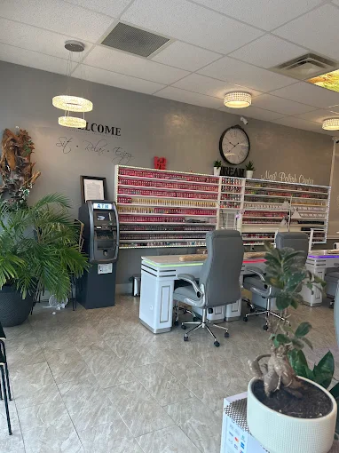 Polish color selection wall at MY Nails & Spa entrance with welcome signage