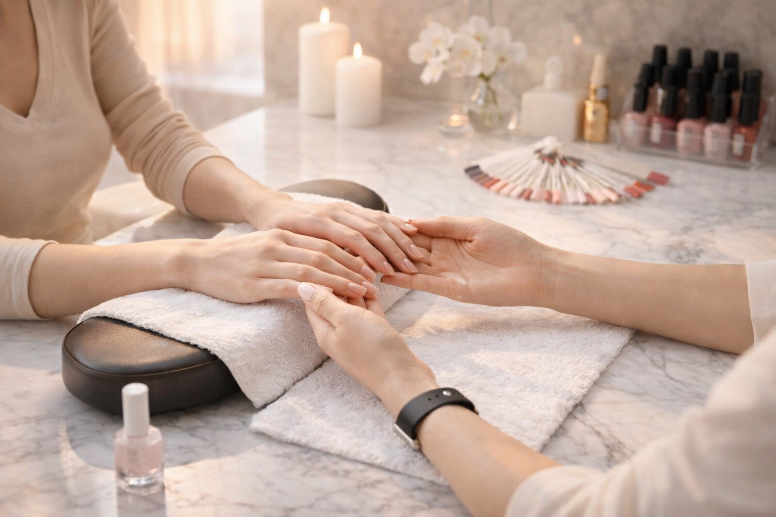 Hands receiving a professional manicure with shaped, polished nails